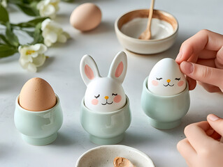 set of bunny shaped egg holders being painted by kids, surrounded by eggs and art supplies