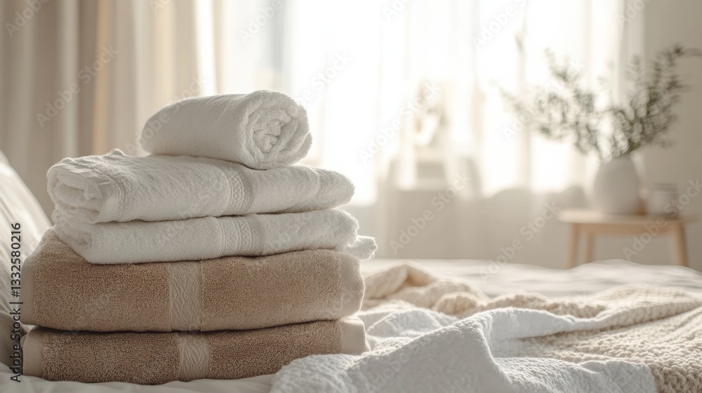 Poster Freshly washed towels and linens arranged neatly on a cozy bed in a warm bedroom setting with soft natural light Generative AI