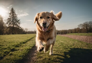 golden retriever dog running in the park of a city, urban lifestyle