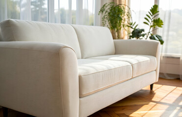 Modern and Cozy Beige Sofa in Bright Living Room with Large Windows and Indoor Plants, Perfect for Interior Design Inspiration and Home Decor Ideas