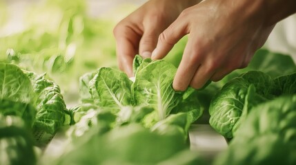 A person is harvesting fresh green lettuce leaves from a farm