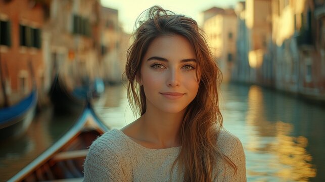 Portrait of a young woman with light brown hair standing near a canal in Venice