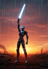 Fototapeta premium Futuristic Cyborg Warrior Celebrating Victory in Post-Apocalyptic Battlefield