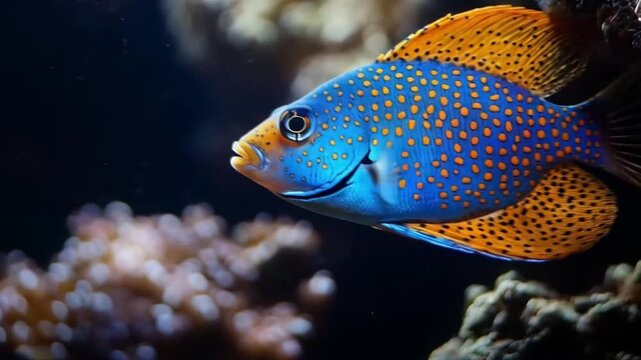 Vibrant Blue and Orange Tropical Fish in Coral Reef, smooth repeating motion for background video animation