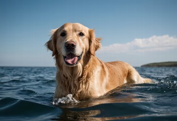 golden retriever dog swimming in the sea