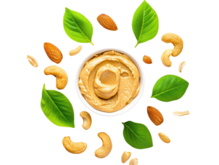Isolated Peanut Butter Delight: Creamy Bowl Surrounded by Nuts and Leaves