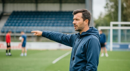 Male coach directing soccer training at outdoor field