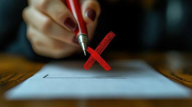 Person writing on a piece of paper with a cross mark indicating a failed quality assurance report and evaluation