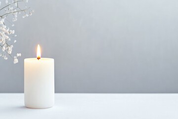 single lit candle resting on simple white surface symbolizing enlightenment and peace with ample copy space surrounding