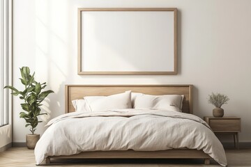 Mockup frame over the bed in a modern bedroom interior. Perfect for showcasing artwork, photos, or graphic designs in a minimalist aesthetic