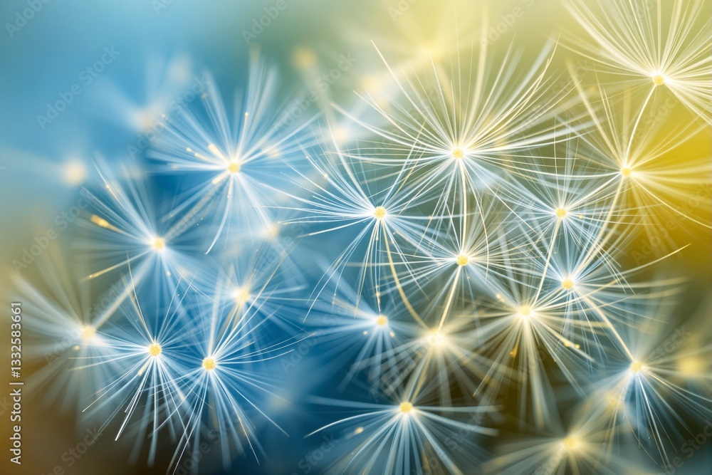 Aufkleber abstract dandelion seeds illuminated with bright light on a gradient blue and yellow background. con