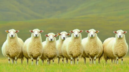Fototapeta premium A group of fluffy white sheep standing together in a field
