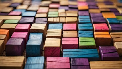 A colorful arrangement of small, rectangular wooden blocks,
