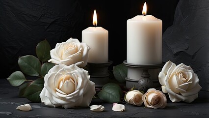 "White Candle with Roses and Flower Petals: Funeral Memorial, Sympathy, and Condolence Card for Death Notice"