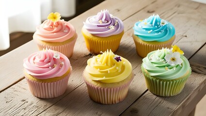 Sweet colored cupcakes on a wooden table.