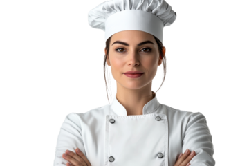 Portrait of a female chef wearing a white uniform, cut out transparent