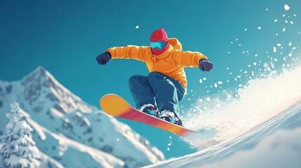 Person snowboarding with a colorful board, wearing a winter jacket and safety glasses.
