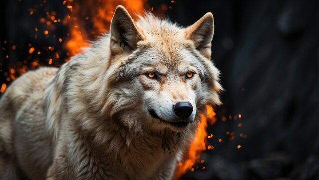A majestic white wolf with piercing golden eyes emerges from vibrant flames,