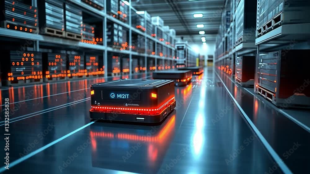 Poster automated delivery robots navigate a high-tech warehouse during a busy operational period
