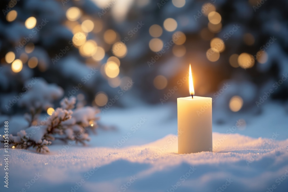 Poster candle glowing in snow with blurred lights in background creating warm ambiance.