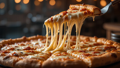 A close-up view of a pizza slice featuring melted cheese that is dripping and stretching. Melted mozzarella cheese is pulling and dripping from a slice of pizza captured in sharp focus