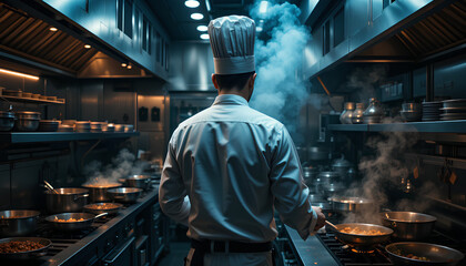 Professional chef focused on cooking. Light gray chef's uniform classic chef's toque seen from the back working in a stainless steel commercial kitchen