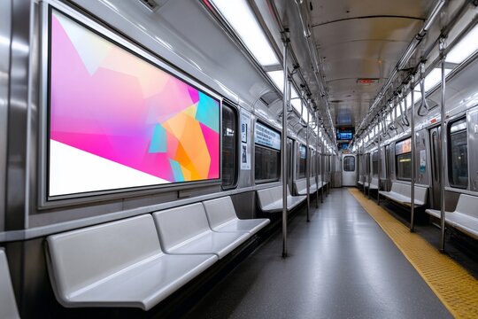 Blank advertising screen inside subway car.