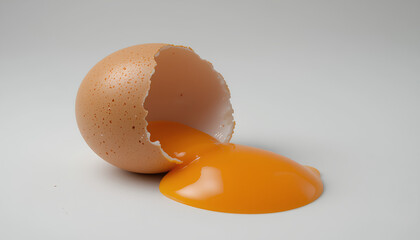 A cracked brown egg with a vibrant orange yolk spilling out. The egg shell is light beige and the yolk is a rich glossy orange