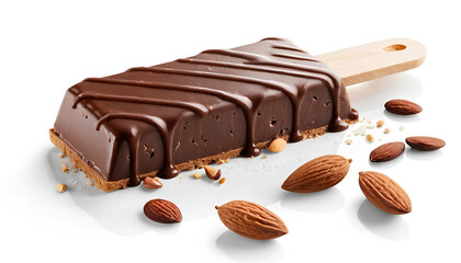 Chocolate ice cream bar with almonds broken off piece smooth glossy dark brown chocolate coating. Visible white ice cream inside. Almonds scattered decoratively over chocolate.