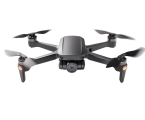 Sleek Black Drone with Four Propellers and a Camera Lens, Modern Aerial Technology