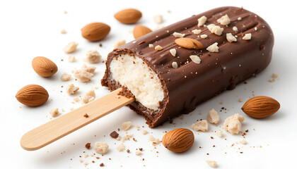 Chocolate ice cream bar with almonds broken off piece smooth glossy dark brown chocolate coating. Visible white ice cream inside. Almonds scattered decoratively over chocolate.