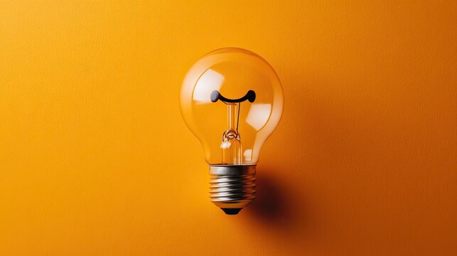 A fun and colorful concept: A smiling light bulb on an orange background, radiating warmth, enthusiasm, and bright thinking.
