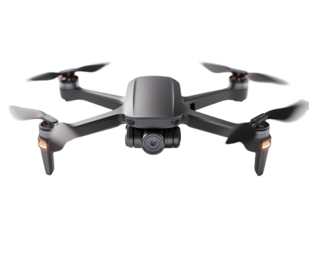 Sleek Black Drone with Four Propellers and a Camera Lens, Modern Aerial Technology