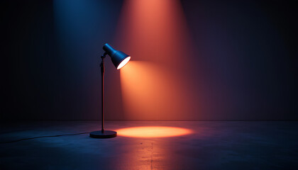 Dark room spotlight black table lamp dramatic lighting focused beam of warm orange light highlighting a specific area on a dark floor