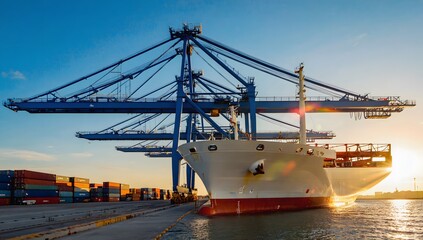 Fototapeta premium Container loading in a Cargo freight ship with industrial crane, shipping in import and export business logistic company.