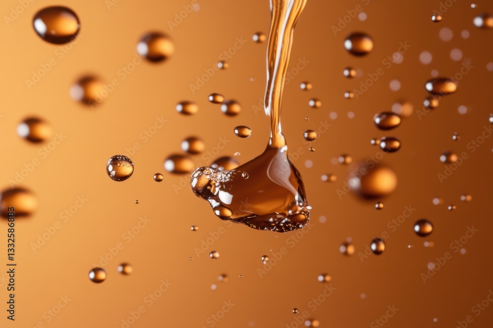 Poster dynamic arrangement of suspended coffee drops showcasing fluid artistry in warm tones generative ai