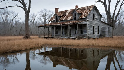 Abandoned farmhouse weathered gray clapboard siding rusted metal roof partially collapsed porch reflected in murky stagnant pond water