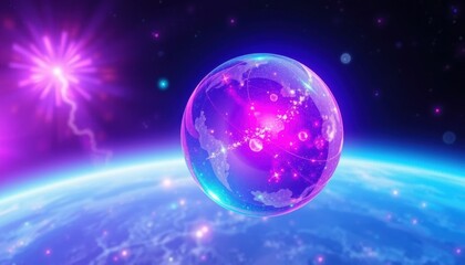 Fototapeta premium Cosmic Event: Dreamlike Celestial Sphere in Space, Digital Art, Neon Colors, Surreal Environment