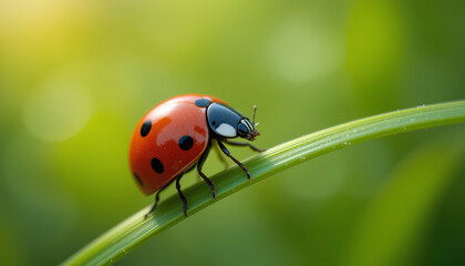 Close-up macro shot of a ladybug on a blade of grass.  Vibrant red shell with black spots detailed texture of the ladybug's exoskeleton