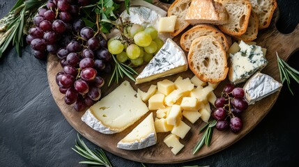 A beautifully arranged gourmet cheese platter features an assortment of fine cheeses, fresh bread, and juicy grapes for a perfect tasting experience.
