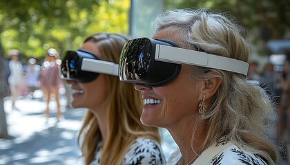 Women enjoying VR outdoors in park