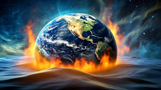 Planet Earth burning in flames and sinking into the water the end is near 4K