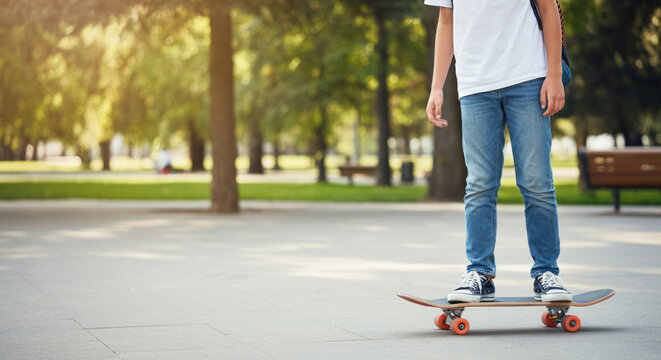 Young caucasian teen skateboarding in park on sunny day