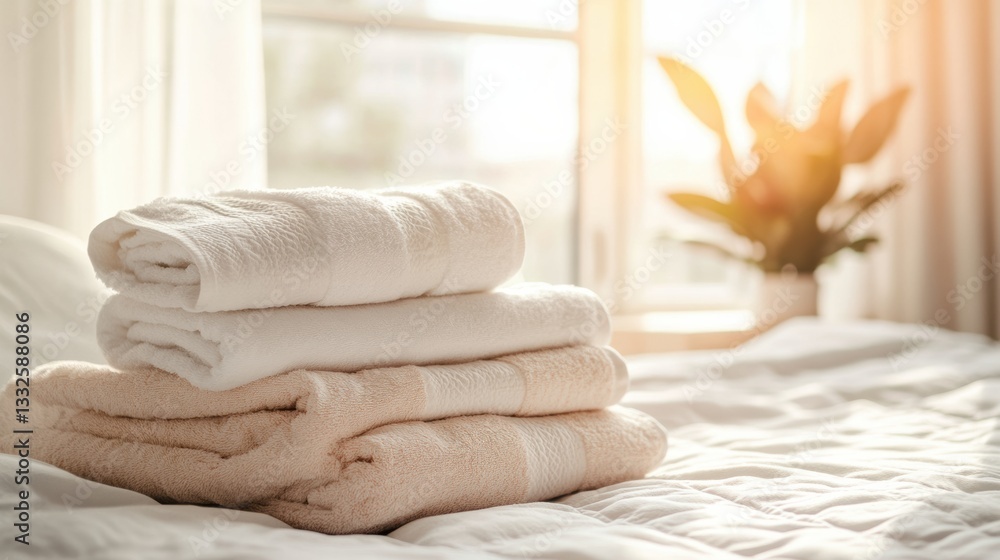 Aufkleber cozy bedroom with freshly washed towels and linens exuding warmth and comfort in a pastel color pale