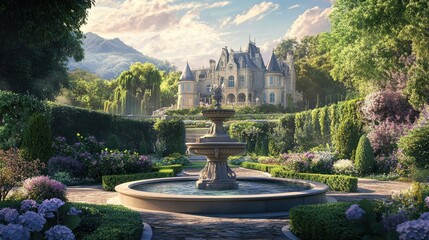 Refined pastel colored garden scene with lush greenery manicured flowerbeds and an ornate stone fountain set amidst the stately manor grounds