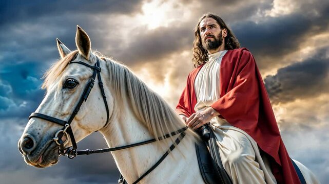 Jesus Christ on white horse with blood red cloak in 4K