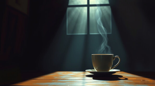 A digital painting in a strong moody style, depicting a sunny morning, a cup of coffee symbolizing a good mood and a Good morning wish