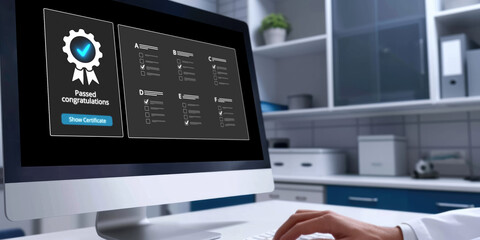 Fototapeta premium Online product certification, marking a key achievement. Demonstrates commitment to quality and trustworthiness by having product certification passed. brisk
