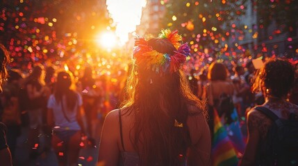 Woman at Sunset Pride Parade, Confetti Celebration