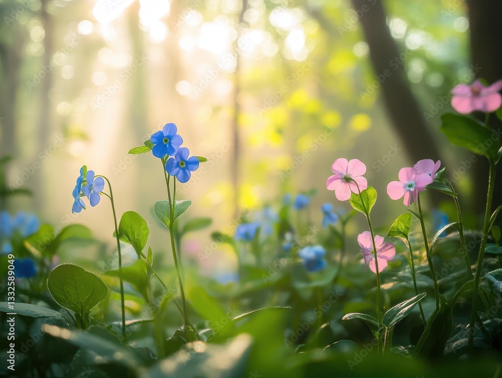 Poster beautiful spring flowers blooming in a serene forest with soft sunlight filtering through the trees 